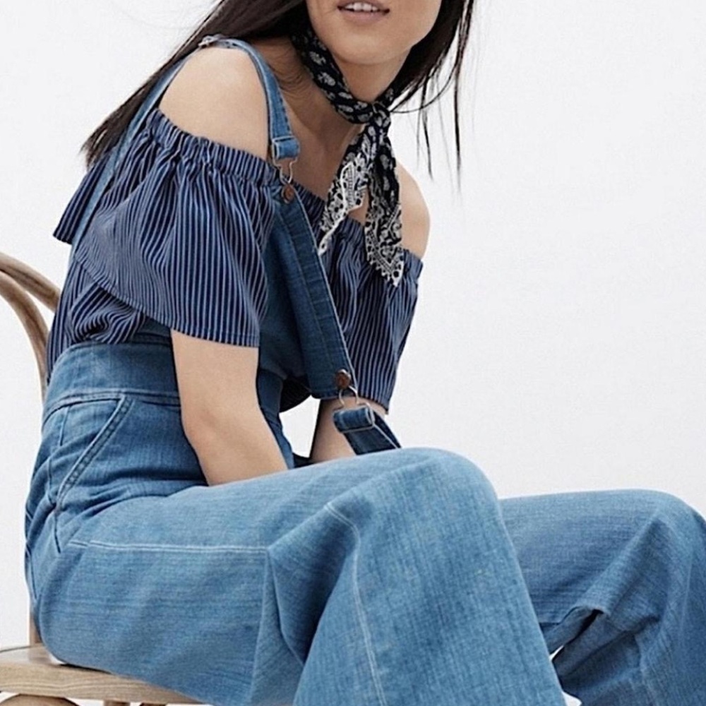 Madewell Women's Navy Blue White 100% SILK Off the Shoulder Blouse Top Size XS